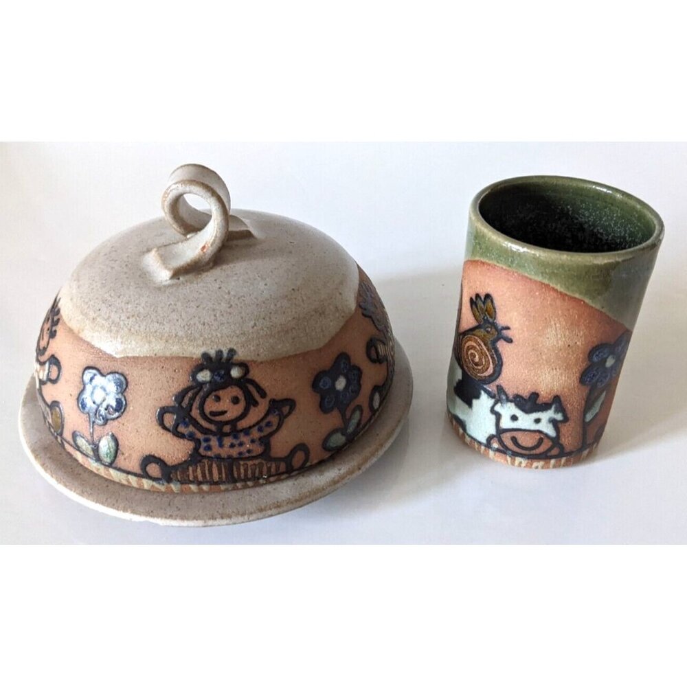 Handmade Carlota Cheese Butter Dish Tumbler Set Stoneware Studio Signed VTG Flaw